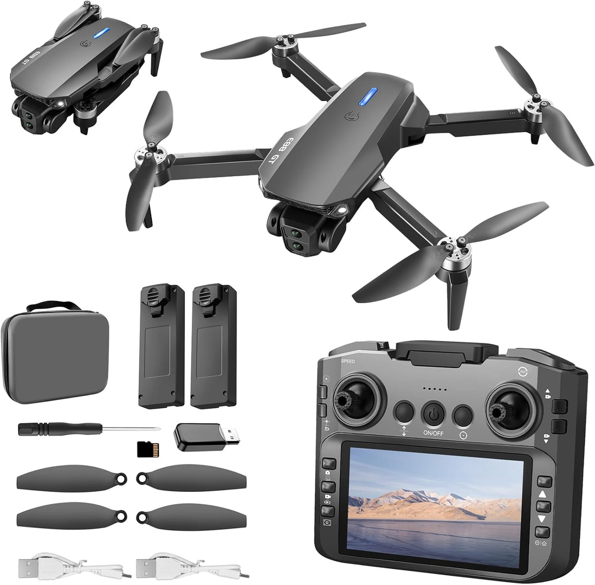 E88 PRO Drone, 4.91 Inches Screen Controller with SD Card, 2 Batteries.